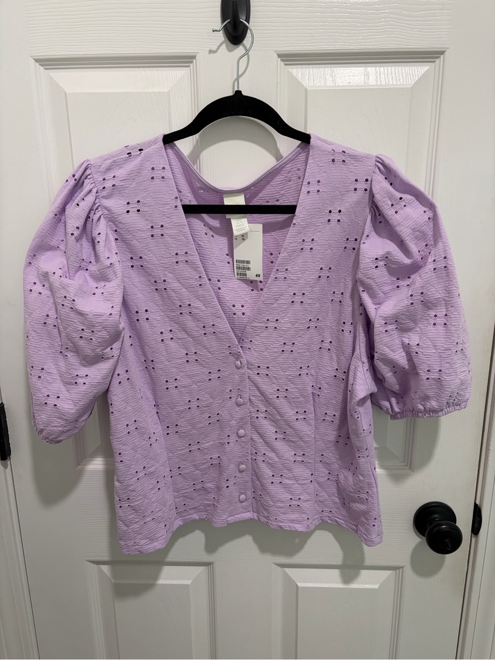 Lilac Puff-Sleeve Eyelet Button Front Cardigan/Top